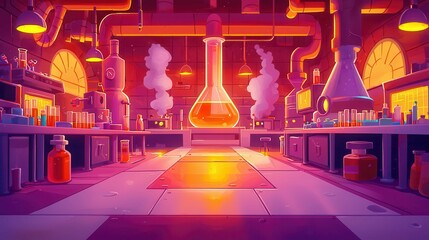 Poster - A vibrant, animated laboratory scene showcasing colorful chemical experiments in a cartoon style.