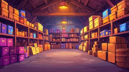 Poster - A colorful warehouse interior with organized shelves filled with various boxes and packages.