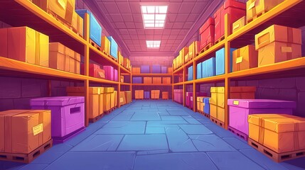 Poster - A colorful storage room filled with neatly stacked boxes in vibrant hues.