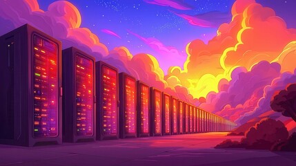 Poster - A colorful sunset behind rows of server racks in a digital landscape.