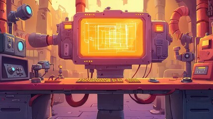 Poster - Futuristic workstation with an animated display in a vibrant industrial setting.