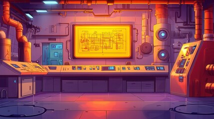 Poster - Futuristic control room with vibrant colors and complex machinery.