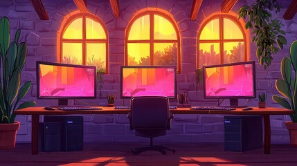 Poster - A cozy workspace with three monitors at sunset, featuring plants and an inviting atmosphere.