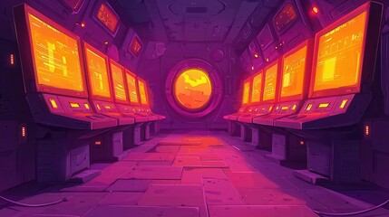Poster - Futuristic room with glowing monitors and a circular window showing an orange surface.