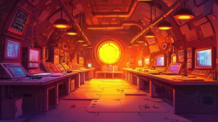 Poster - A futuristic control room with glowing screens, warm lighting, and a large circular window reflecting a sunset.