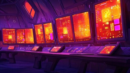Poster - Futuristic control room with glowing monitors and advanced technology in a vibrant color palette.