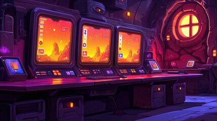 Poster - Futuristic tech workspace with glowing monitors in a vibrant setting.