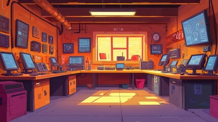Aufkleber - A cozy computer lab with multiple screens and warm lighting, featuring a modern workspace design.