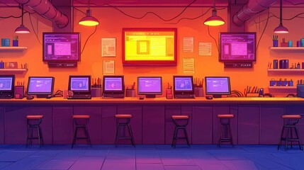 Poster - A vibrant workspace featuring computers in a modern setting with warm lighting.