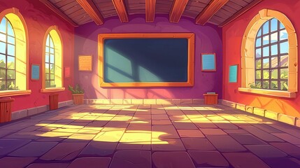 Poster - A colorful classroom interior with sunlight streaming through windows, showcasing a chalkboard and decorative walls.