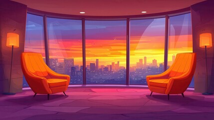 Poster - A cozy seating area with orange chairs overlooking a sunset city skyline.