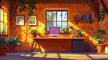 Poster - A serene workspace in a bright room with plants, featuring a computer, in warm colors.