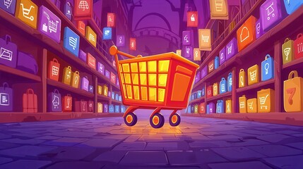 Poster - A colorful shopping cart in a vibrant market with shelves full of product bags, showcasing a lively shopping scene.