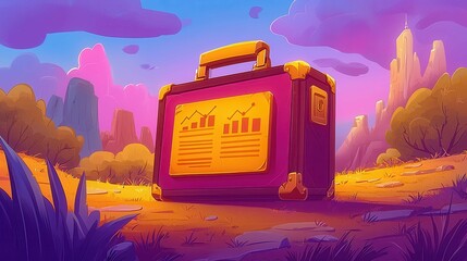 Poster - A vibrant illustration of a briefcase with graphs set in a colorful, stylized landscape.