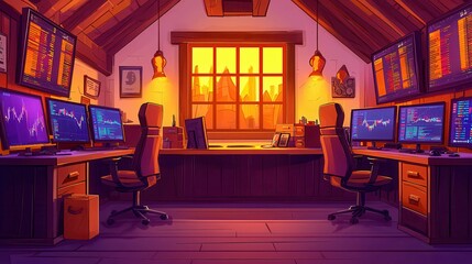 Poster - Cozy trading room with multiple monitors showing stock graphs and a sunset view.