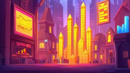 Poster - A vibrant cityscape with glowing skyscrapers and digital data displays, featuring a blend of modern and classic architecture.