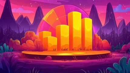 Poster - A vibrant digital landscape with colorful bar graphs set against a twilight mountain backdrop.