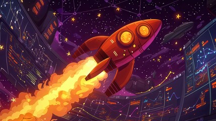 Poster - A vibrant rocket launching into space, surrounded by colorful charts and data screens, showcasing a futuristic exploration theme.