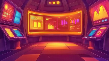 Poster - A futuristic control room with glowing screens and graphs in a vibrant, animated style.