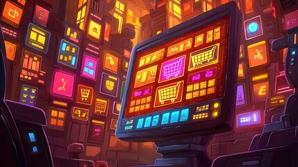 Poster - A vibrant digital marketplace scene featuring a glowing computer screen surrounded by colorful app icons.