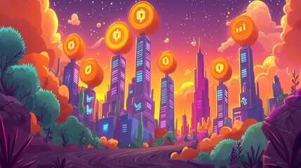 Poster - Futuristic skyline with theme icons representing technology and business in a vibrant sunset.