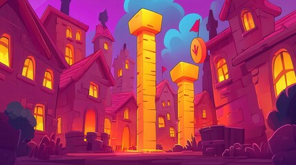 Poster - A vibrant cartoon cityscape at dusk with glowing buildings and animated structures in a whimsical style.