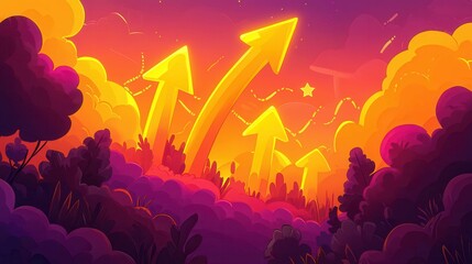 Poster - A vibrant landscape featuring glowing arrows pointing upwards against a colorful sunset sky.