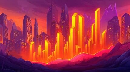 Aufkleber - A vibrant city skyline with glowing bar graphs representing data analytics, set against an orange and purple sunset.