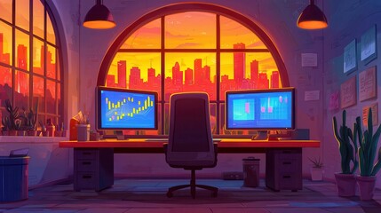 Poster - A modern workspace with dual monitors showcasing graphs and a vibrant sunset city skyline in the background.
