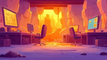 Poster - A colorful, flat concept illustration of a cave office bathed in warm light with two empty desks and computer screens.