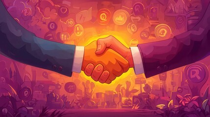 Poster - A handshake between two individuals symbolizing partnership, with a vibrant background filled with business icons.