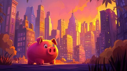 Poster - A cute cartoon pig stands in a vibrant cityscape at sunset, surrounded by tall buildings, showcasing a playful urban environment.