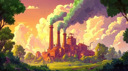 Poster - A scenic cartoon illustration of a factory emitting smoke amidst lush greenery and dramatic clouds at sunset.
