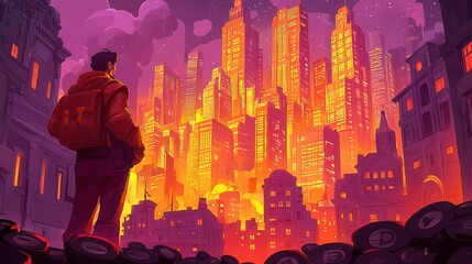 Poster - A person admires a vibrant cityscape at sunset, showcasing a blend of modern and classic architecture.