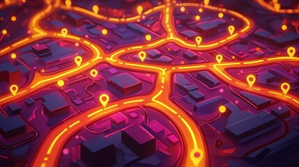 Poster - A vibrant, animated map design featuring glowing roads and location pins, ideal for technology concepts.