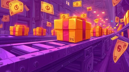 Poster - A vibrant animated scene depicting orange gift boxes on a conveyor belt surrounded by floating dollar bills in a colorful factory setting.