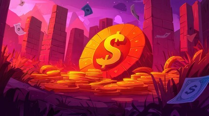 Poster - A vibrant animated depiction of a gold dollar sign surrounded by coins and money in a surreal landscape.
