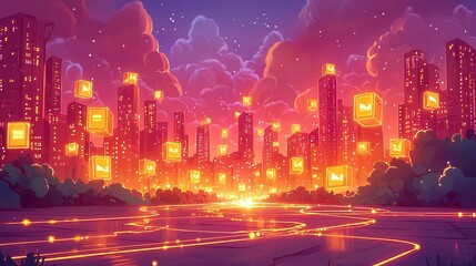 Poster - A vibrant city skyline at sunset with glowing buildings and clouds, showcasing a modern urban landscape.