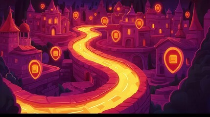 Poster - A vibrant, cartoon-style illustration of a winding road through a mystical city with glowing markers.
