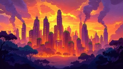 Poster - A vibrant sunset skyline with futuristic tall buildings and greenery against a colorful sky, depicting an urban scene.