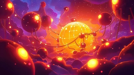 Poster - A vibrant digital landscape featuring abstract glowing spheres and interconnected nodes in a cosmic background.