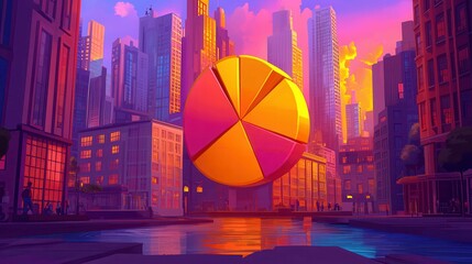 Poster - A vibrant cityscape featuring a large pie chart above a reflective water surface at sunset.