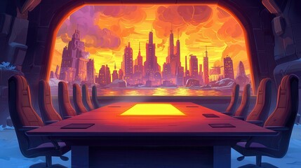 Poster - A vibrant animated meeting room with a futuristic cityscape view at sunset, showcasing an orange and purple sky.