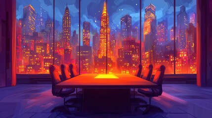 Poster - Colorful city skyline with a glowing table in a modern office space at night.