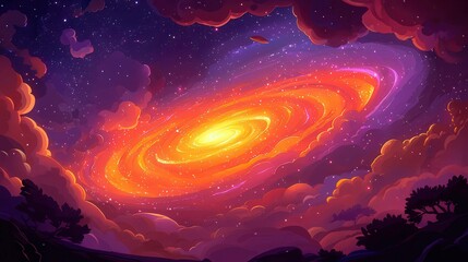 Poster - A vibrant galaxy swirling with orange and yellow hues, illuminated against a dark starry sky.