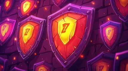 Poster - Colorful shields with a glowing design against a dark stone wall background.