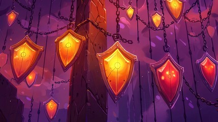 Poster - A vibrant illustration of glowing shields hanging from chains against a mystical purple background.