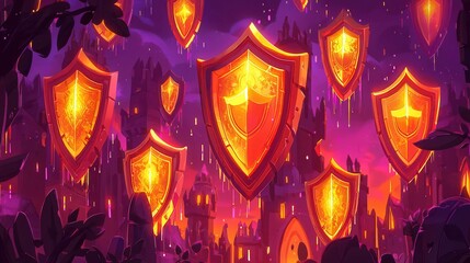 Poster - A fantasy landscape featuring glowing golden shields floating above a mystical castle under a purple sky.