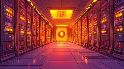 Poster - A futuristic server room with glowing lights and technology.