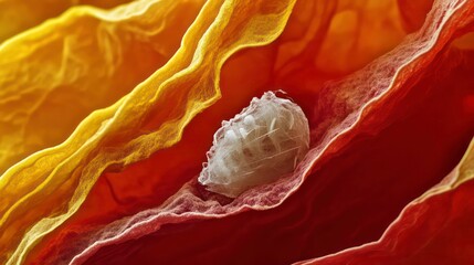 Poster - A close up of a red and yellow tissue with a white object in the middle. The tissue is inflamed and the white object is a foreign body